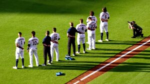 Image of Houston Astros standing for the national anthem